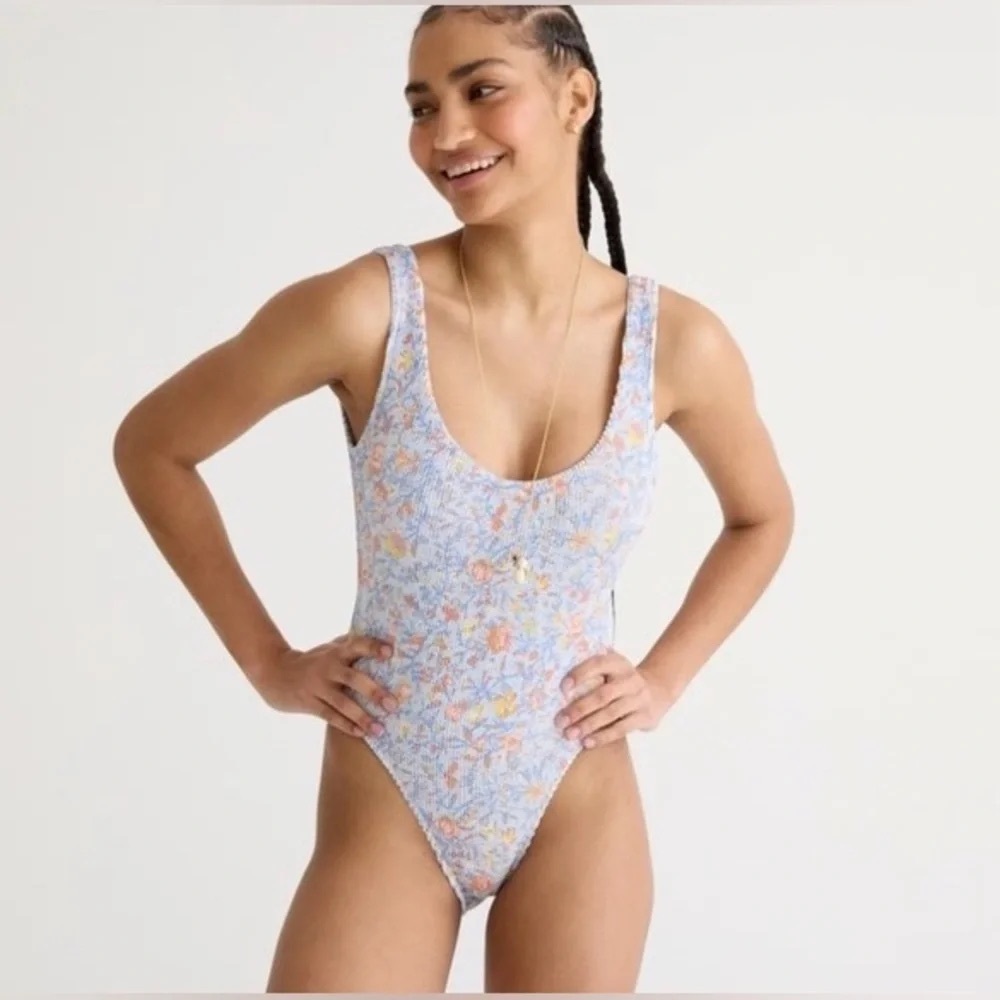 J. Crew Floral Scoop Neck One-Piece Swimsuit in Light Blue and Peach